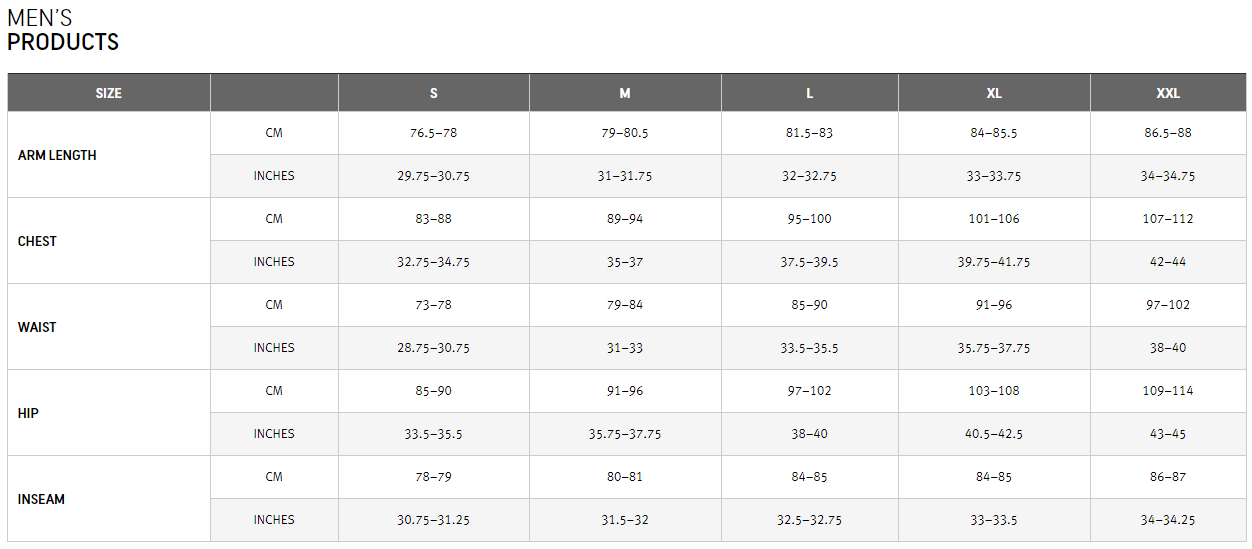 Gore Men's sizing chart