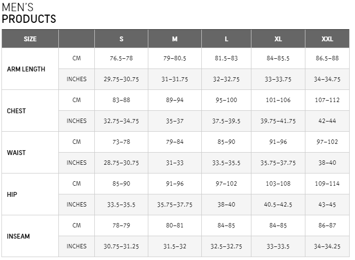Gore men's sizing chart
