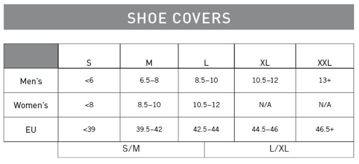 Pearl Izumi Shoe Cover sizing chart
