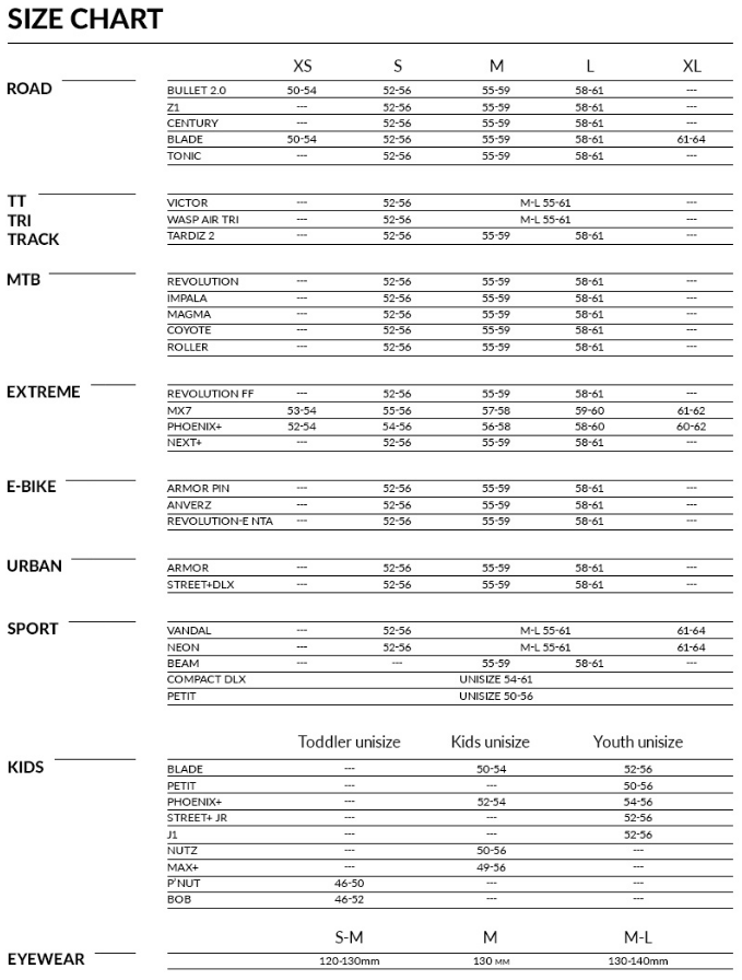 Lazer Helmet sizing chart