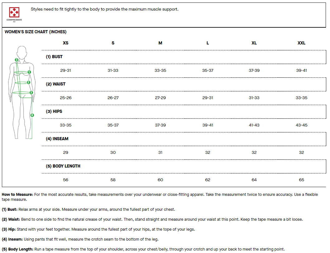 Louis Garneau women's compressive fit sizing chart