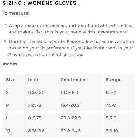 Bellwether Women's Gloves sizing chart