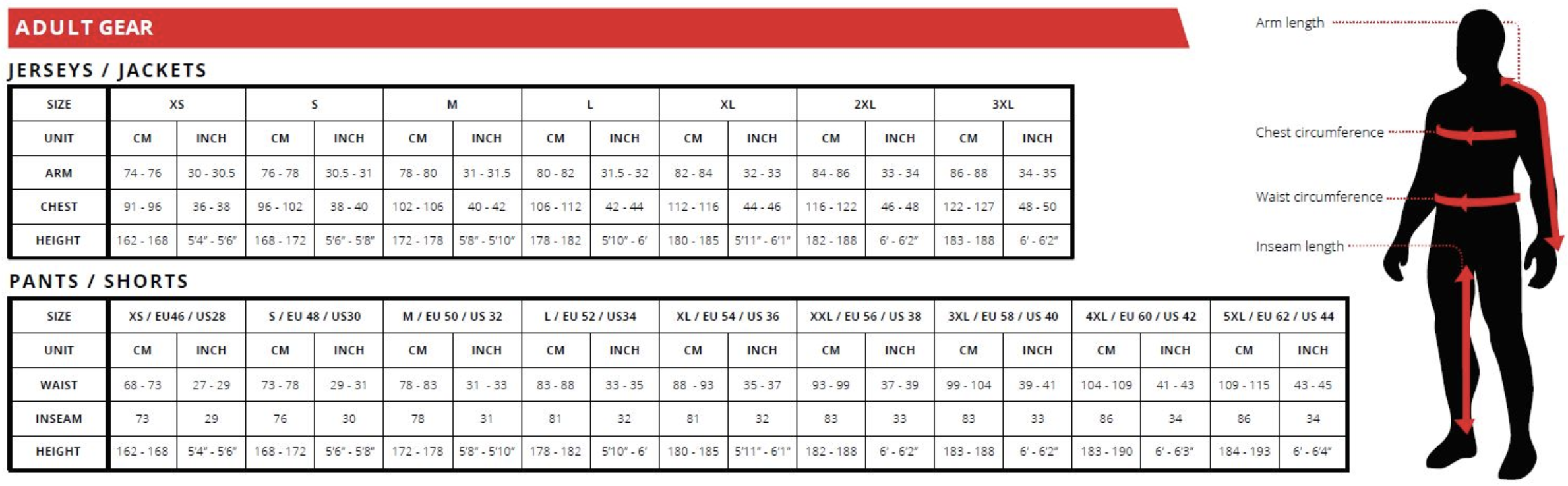 Leatt clothing sizing chart