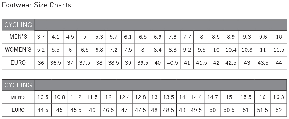Pearl Izumi Footwear sizing chart Pearl Izumi Footwear sizing chart