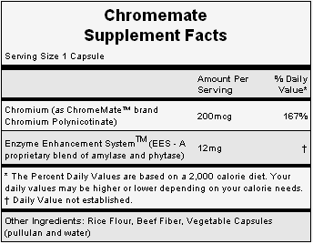 The Nutritional info for Hammer Nutrition's Chromemate supplement. The Nutritional info for Hammer Nutrition's Chromemate supplement.