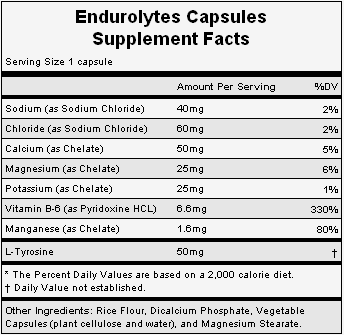 The nutritional info for Hammer Nutrition's Endurolytes Capsules. The nutritional info for Hammer Nutrition's Endurolytes Capsules.