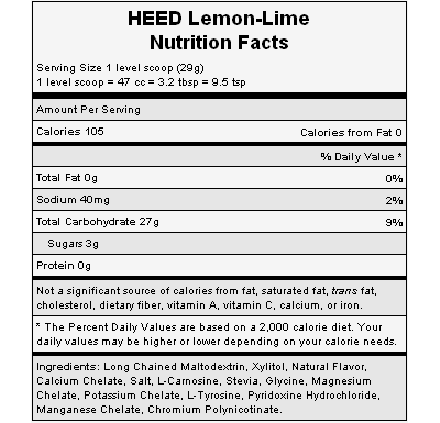 The nutritional info for Hammer Nutrition's Lemon-Lime Heed. The nutritional info for Hammer Nutrition's Lemon-Lime Heed.