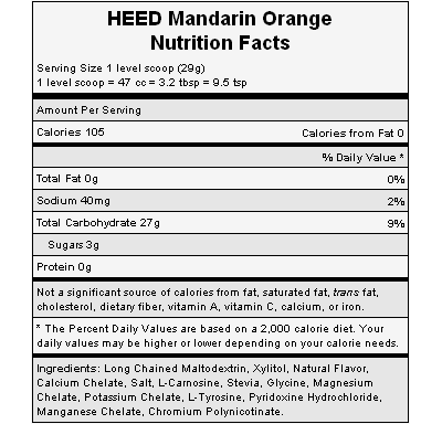 The nutritional info for Hammer Nutrition's Mandarin Orange Heed. The nutritional info for Hammer Nutrition's Mandarin Orange Heed.