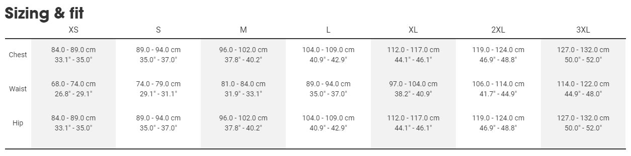 Trek men's bottoms sizing chart