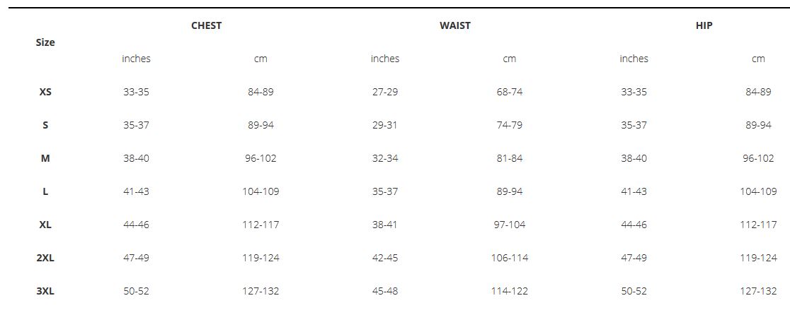 Trek Mens sizing chart