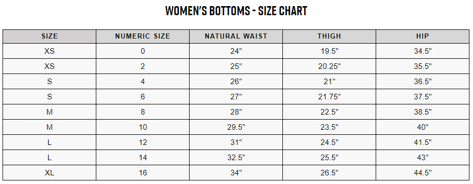 Bontrager women's bottoms sizing chart
