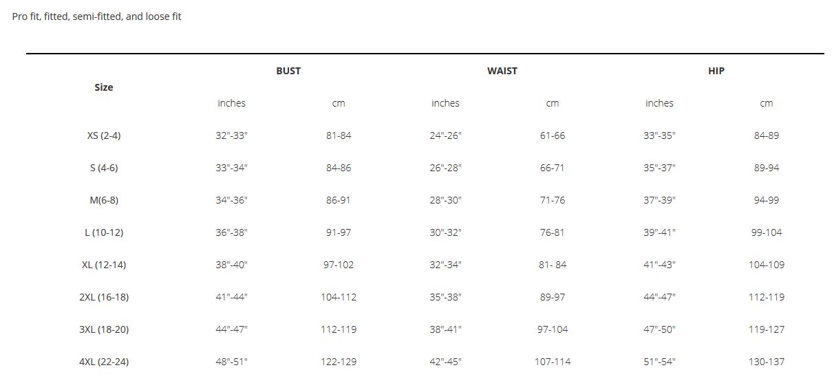 Trek Womens clothing sizing chart